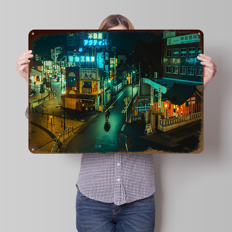 Retro Gaming Tokyo - Tokyo Cyberpunk Şehir Metal Poster Özelleştirilmiş