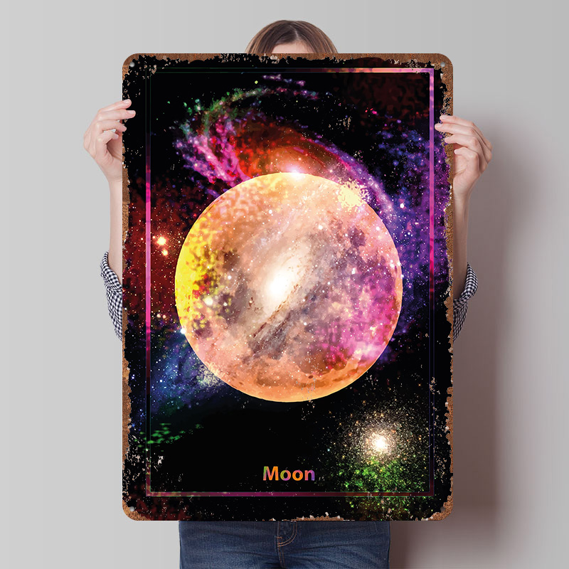 Retro Gaming Space - Renkli Ay Uzayda Metal Poster Özelleştirilmiş